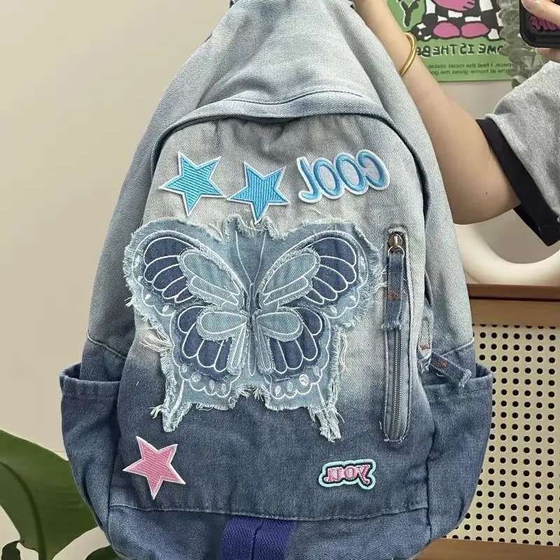 

Denim Backpack Tie-dyed Wash Jeans Bags Blue High-value All-match Butterfly Star College Backpacks Y2K Bags for Women