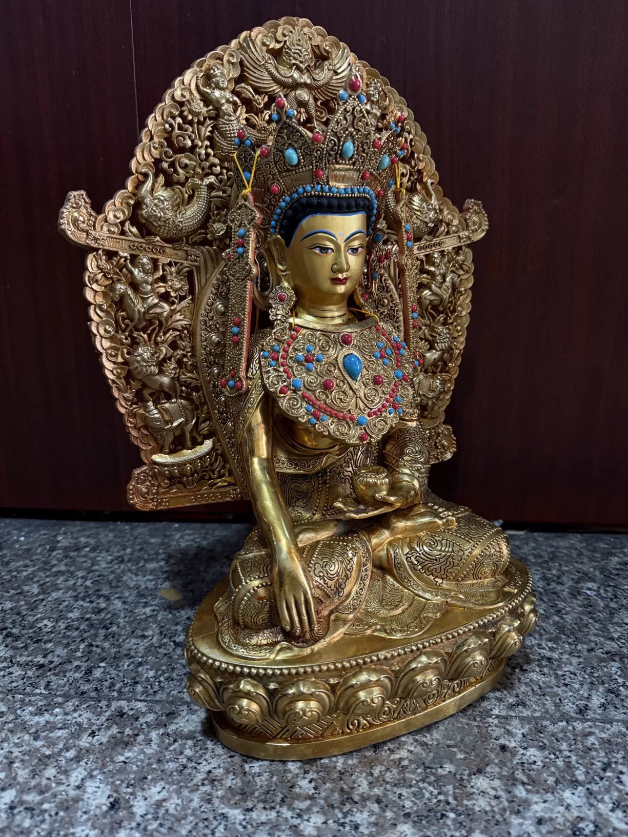 10 inch Xizang craft Tibetan Tantra pure copper gilt enlightened Buddha statue ornament