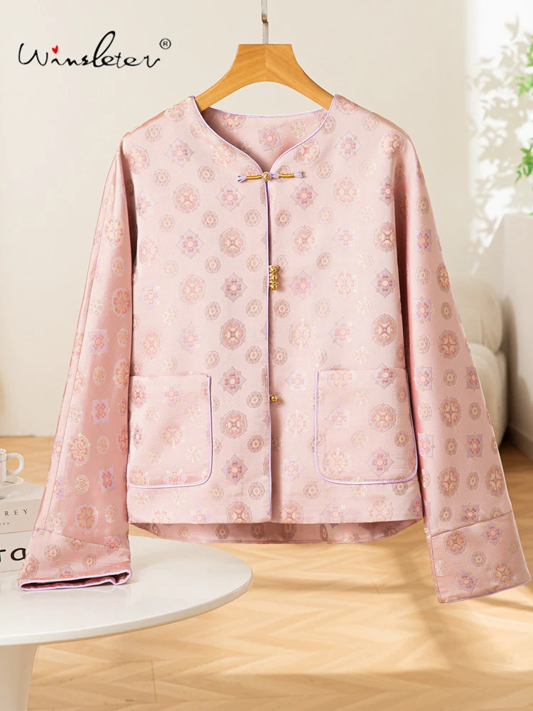 

Winsleter-100% Элегантное пальто из парчи из настоящего шелка Song, пуговицы с круглым вырезом, женское свободное пальто в китайском стиле в стиле ретро, осень 2025 C5O813CC