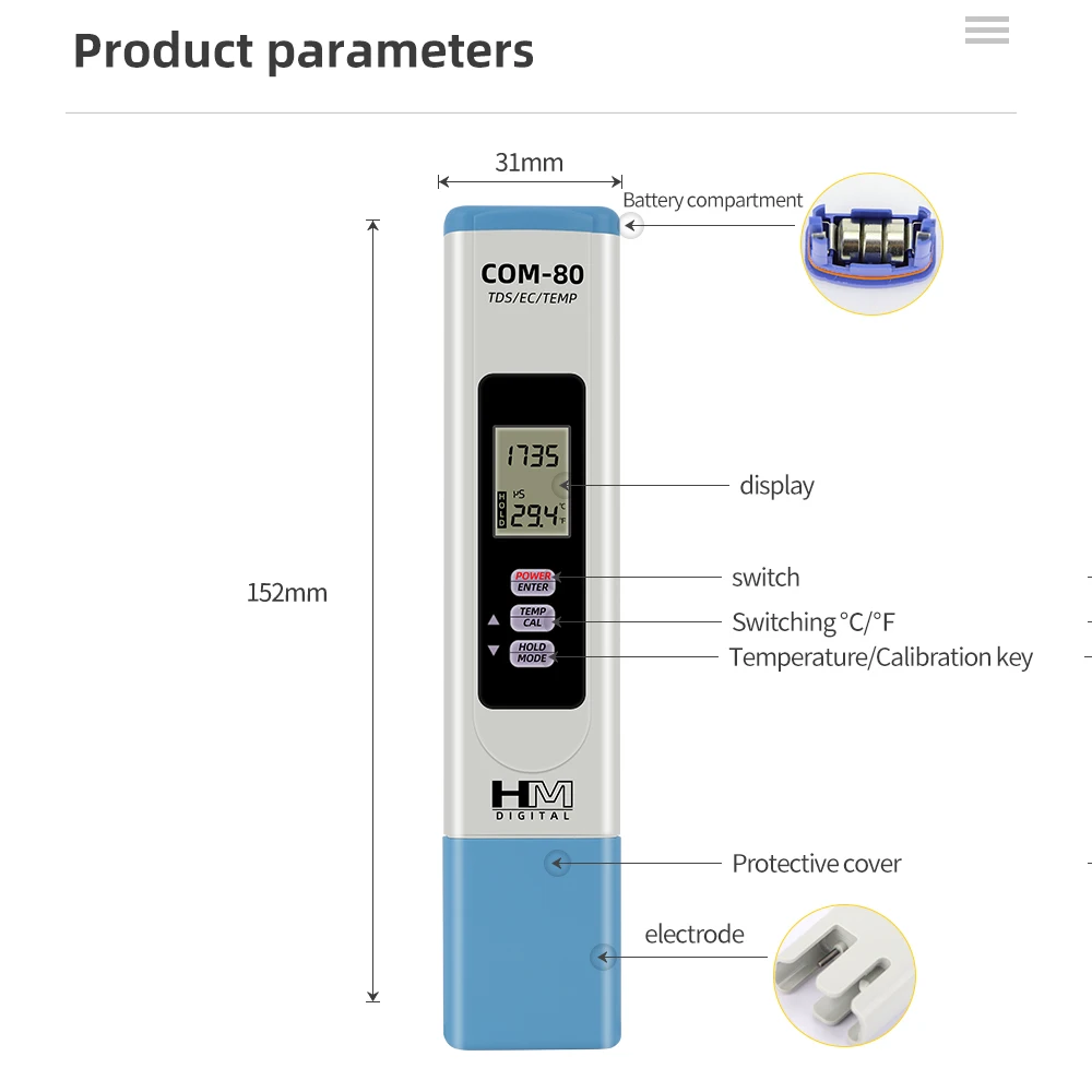 HM Digital 3 in 1 Water Quality Tester Portable TDS EC Temp Meter COM-80 Hydrotester Water Test Pen for Aquaclture Laboratory