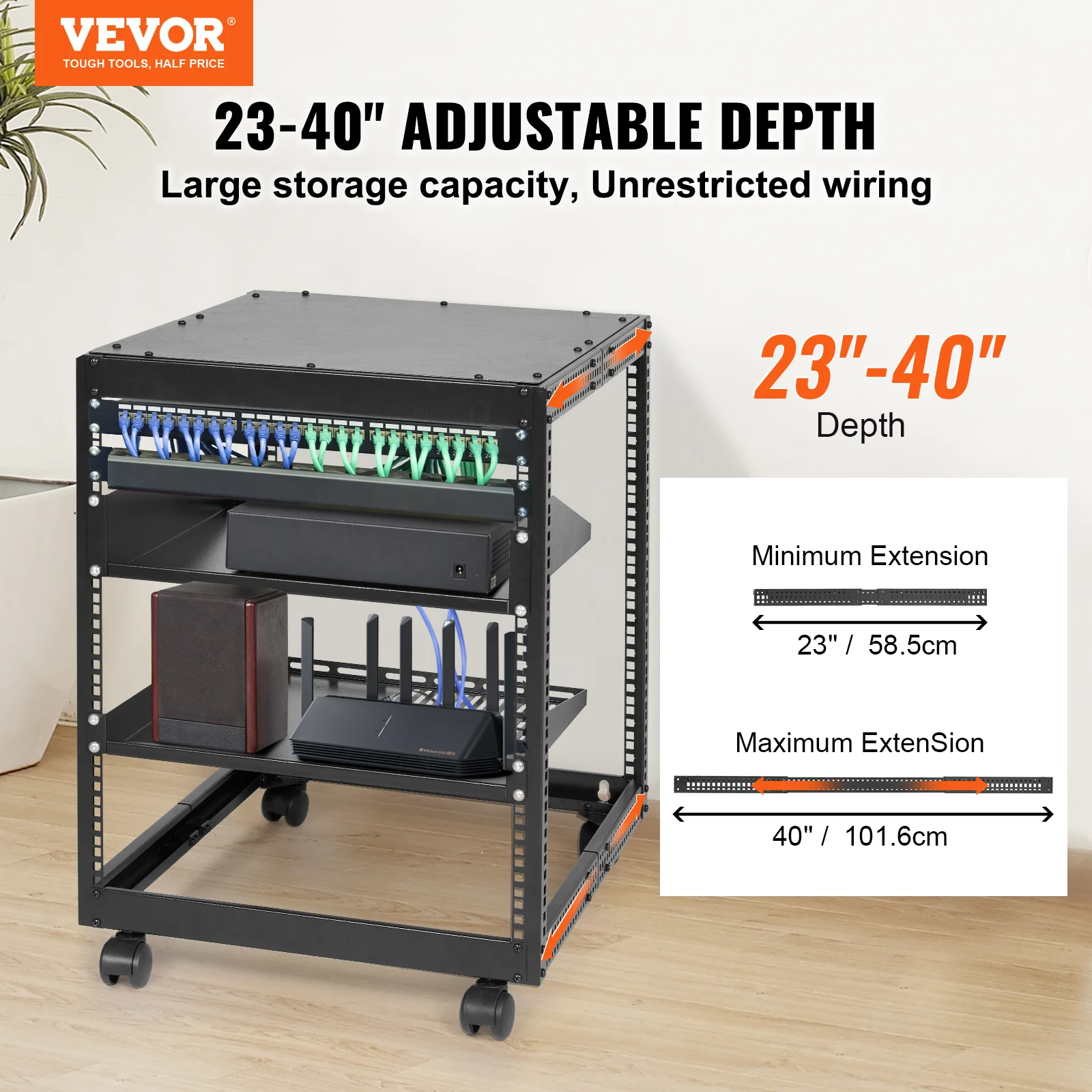 VEVOR Open Frame Server Rack 12U/15U/ 20U Floor Standing or Wall Mounted with Adjustable Depth for Microdata Center Office Use