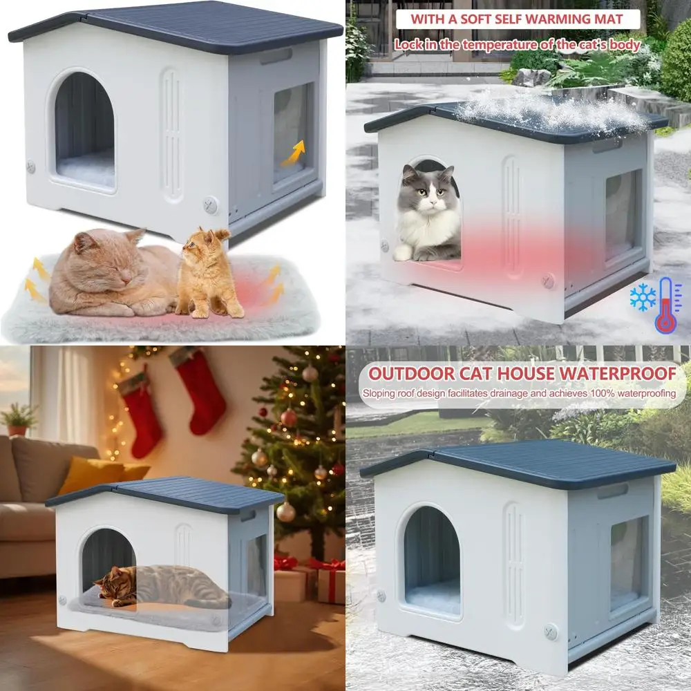 

Всепогодное укрытие для бездомных кошек с аварийным выходом, прочный уличный пластиковый домик для кошек с ковриком, простая сборка - серый