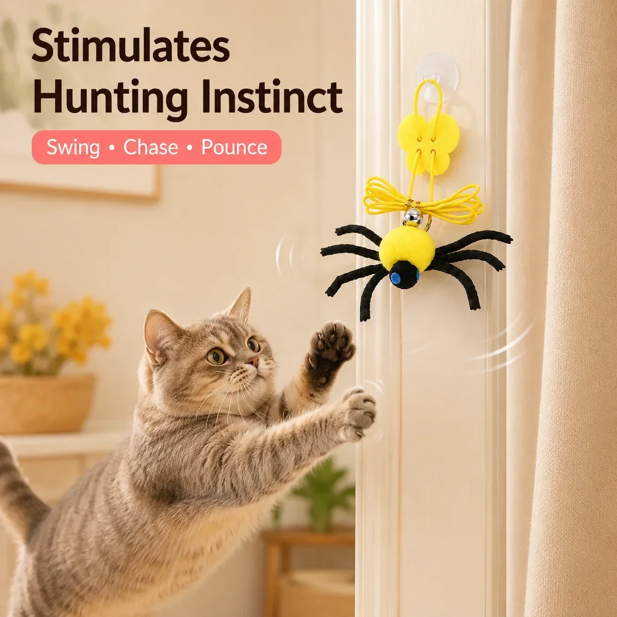 Halloween Spider Door Hanger Toy, Bungee Swing Wand for Cats, Self-Play Interactive Toy for Boredom Relief