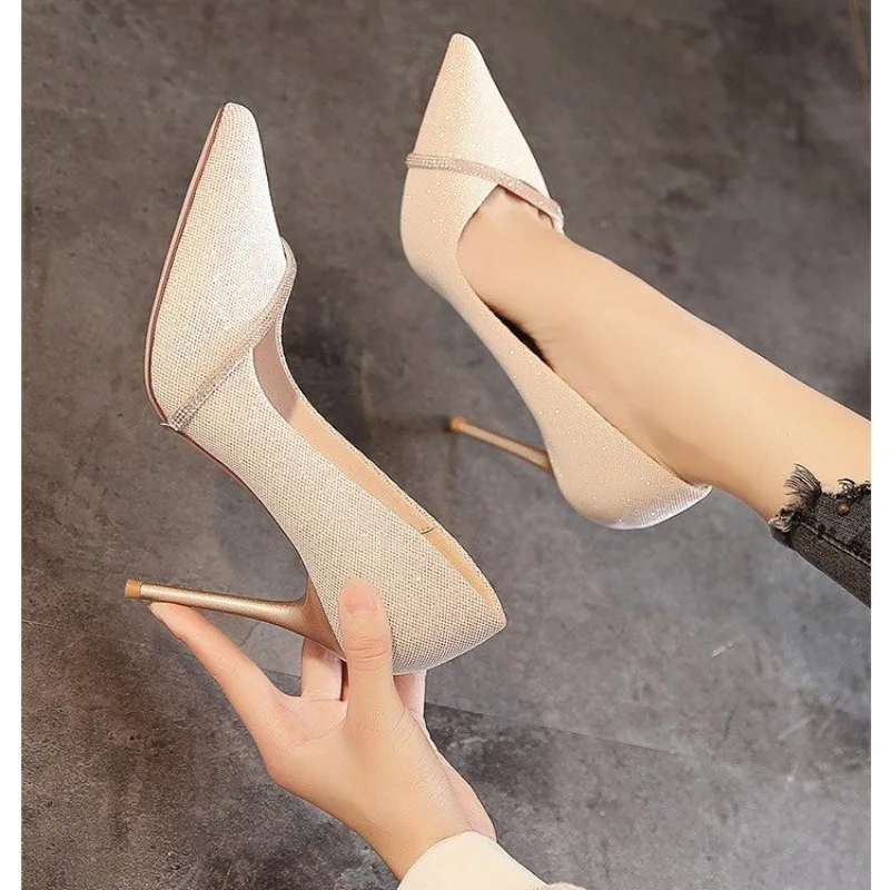 Single Shoe Women 2024 New Spring and Autumn French Girls Pointy Rhinester High Heels Fashion Stiletto Bridesmaid Shoes