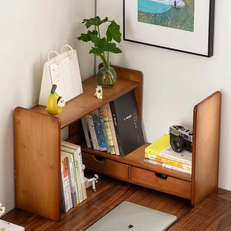 Bamboo Expandable Bookshelf Desktop Compact Storage Cabinet Desk Workstation Organizer Drawer Space-saving Office Bookcases