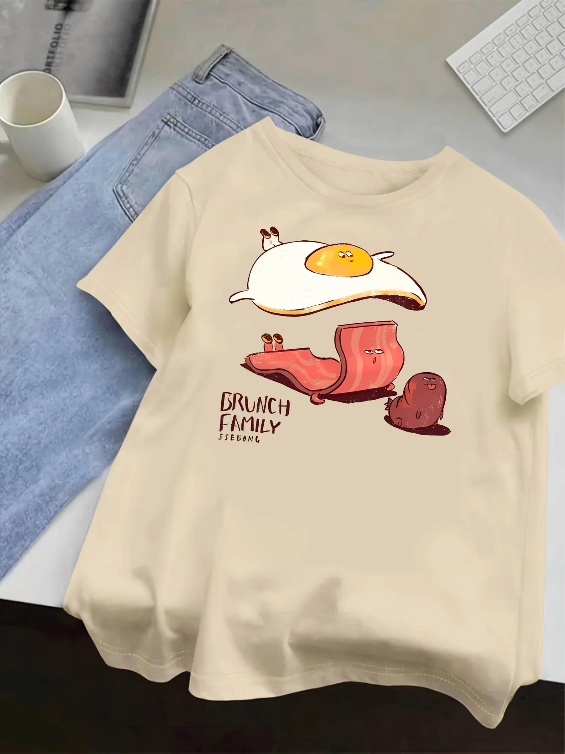 Cartoon Bacon and Fried Egg Pattern Printed Summer Women's T-shirt Top Short Sleeve Round Neck Soft Comfortable Casual Clothing