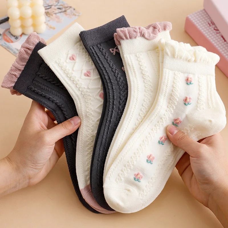 

5 пар женских носков с кружевной отделкой, мягкие, дышащие, низкие, с вышивкой