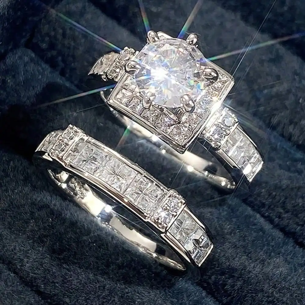 2pc Princess Bridal Ring Set Wedding Ring Couple Rings Vintage Ring Band Simulated Diamond Engagement Ring Set Wedding Engagement Promise Bride Eternity Ring Anniversary Ring Birthstone Ring Ladies Romantic Holiday Gift Ladies' daily casual jewelry