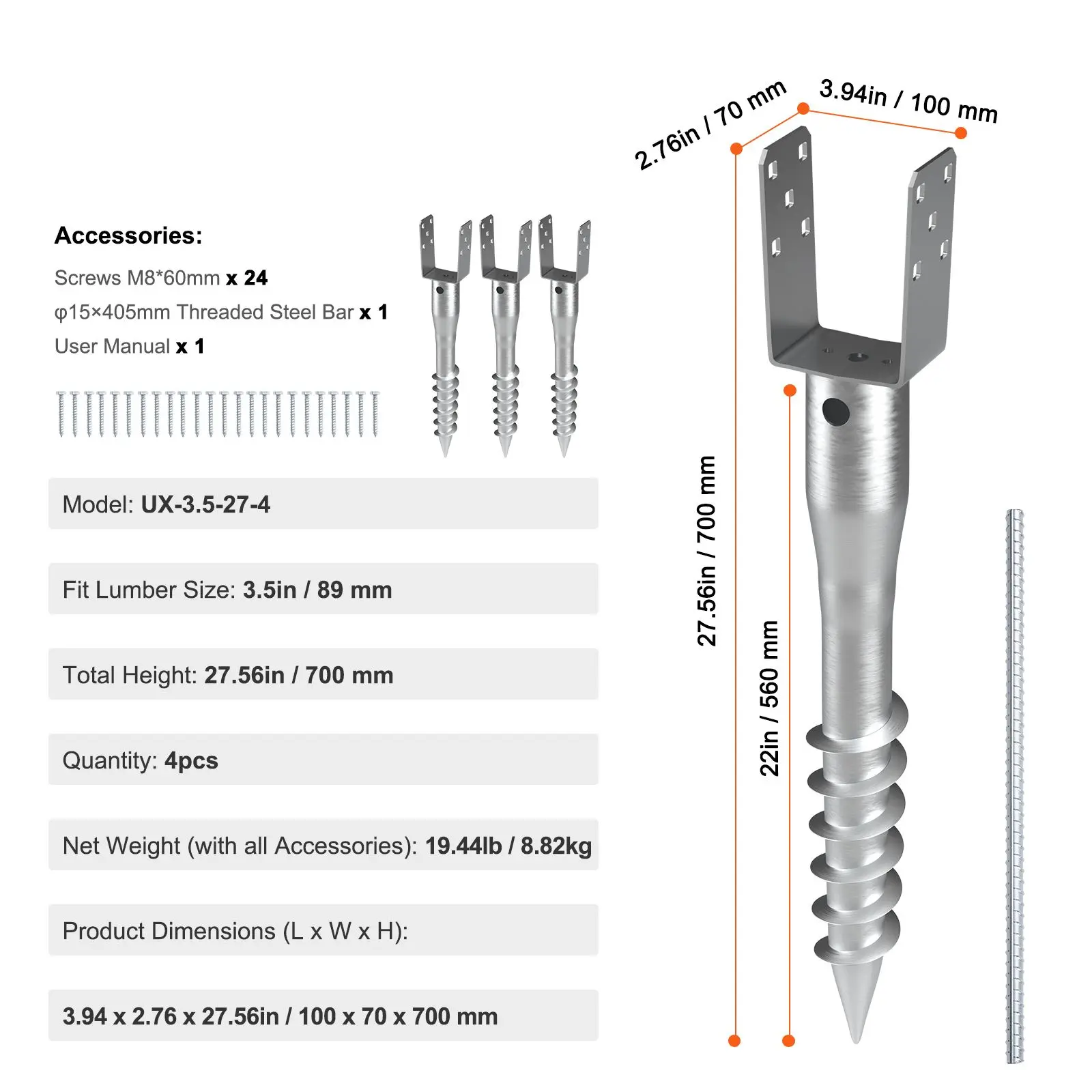 No Dig Ground Anchor, 4 Pack 3.94 x 2.76 x 27.56 in DIY Screw in Post Stake, Includes 6 Lag Bolts & a Rebar, U-Shape Heavy Duty Steel Post Holder, Great for Mailbox Posts and Fence Posts
