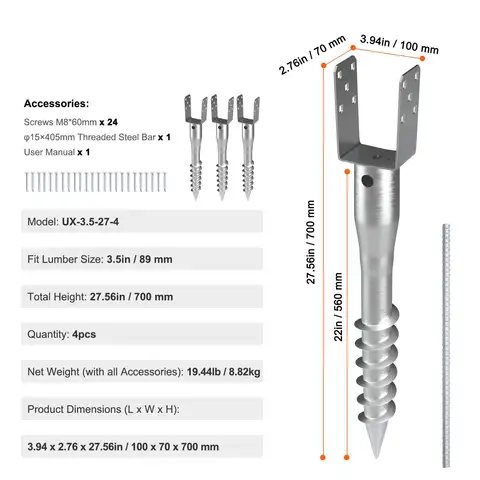 No Dig Ground Anchor, 4 Pack 3.94 x 2.76 x 27.56 in DIY Screw in Post Stake, Includes 6 Lag Bolts & a Rebar, U-Shape Heavy Duty Steel Post Holder, Great for Mailbox Posts and Fence Posts