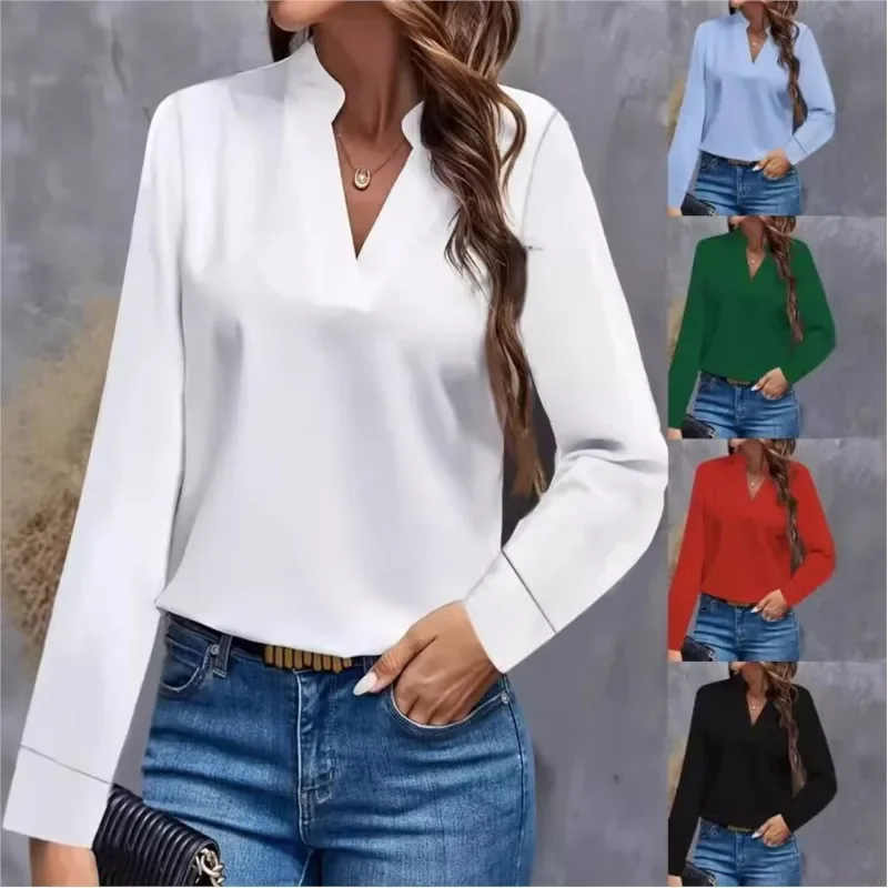 2024 Autumn White Women\'s Blouses Spring Long Sleeve Simple Office Lady Solid Color V-neck Loose Casual Shirt Tops Women Clothes