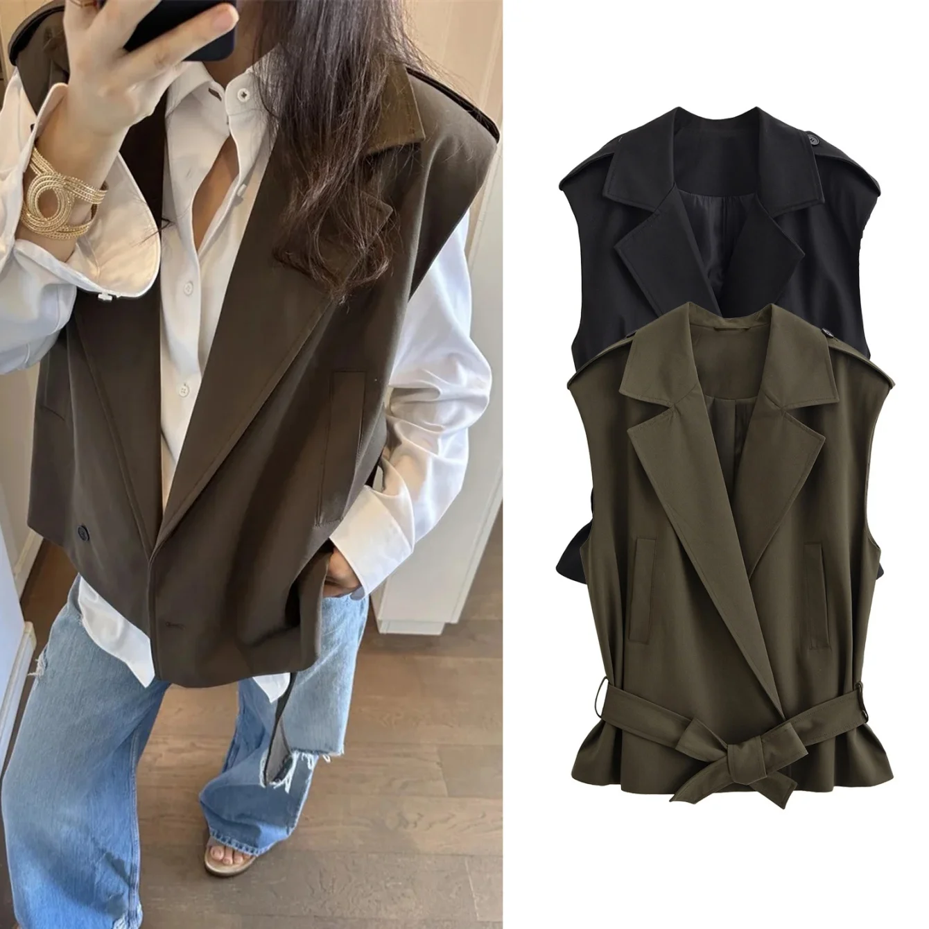 

Women Leisure Blazers Vest Autumn Winter New Fashion Sleeveless Button With Belt Commute Vest Female Elegant Hight Street Top