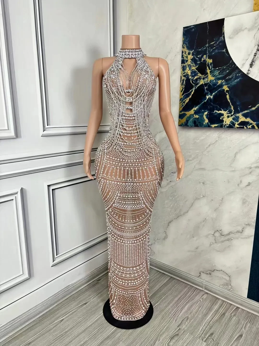 Luxury Pearl Chain Blue Black Nude  Rhinestones Dress Women Sexy Mesh Dress Singer Stage Wear Wedding Birthday Photoshoot Dress