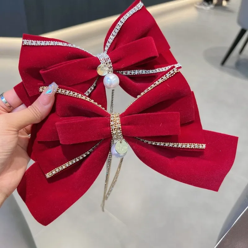 

Velvet Red Bow Hair Clip Pearl Rhinestone Tassel Hairpins Elegant Bridal Headpiece Headband Korean Hair Accessories for Women