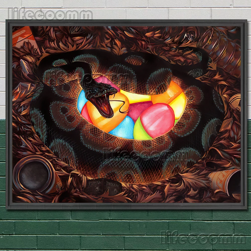 Bat Beach Rescue Team Surreal Gothic Wall Art Canvas Painting Snake Scarf And Snake In The Mirror Fantasy Art Poster Print Decor