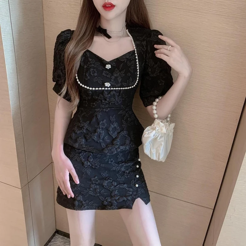 

2026 Youthful Style Shirt Skirt Set Women Jacquard Short Blouse Sexy Split Hem Elegant Two Piece
