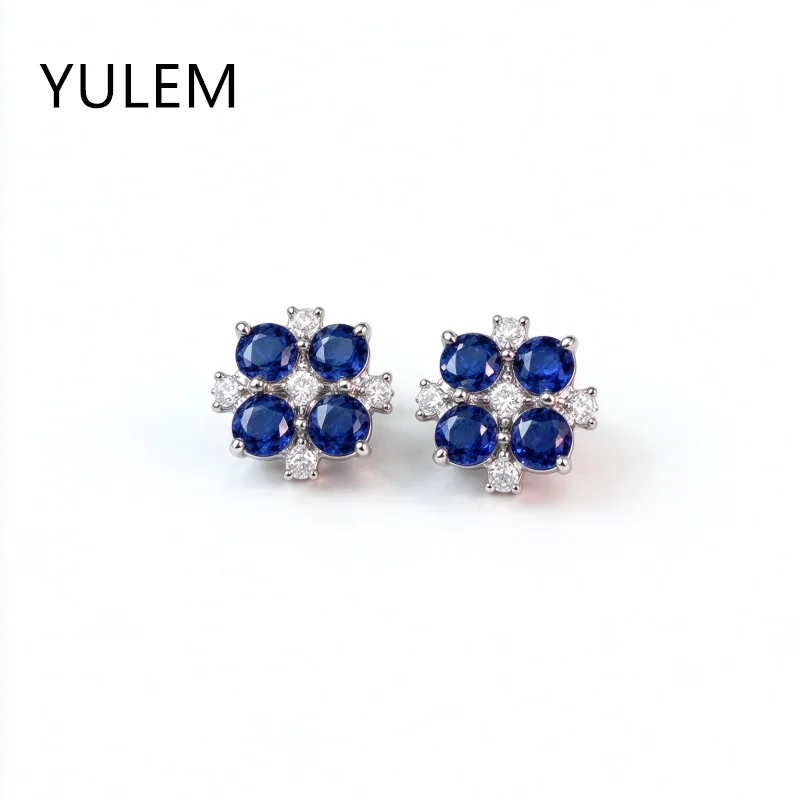 YULEM Genuine Natural Sapphire Flower Stud Earrings 925 Silver with White Zircon Vintage Blue Gemstone Earrings