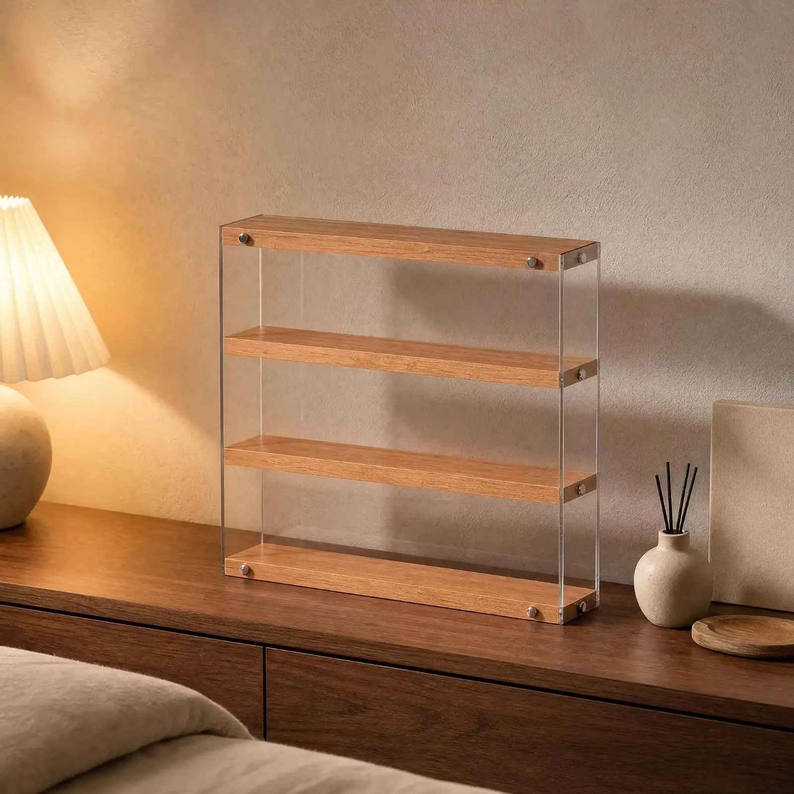 Tabletop Acrylic Display Cabinet with Wood Shelves for Collectible Figures Dolls Standees Clear Dustproof Storage Showcase Case