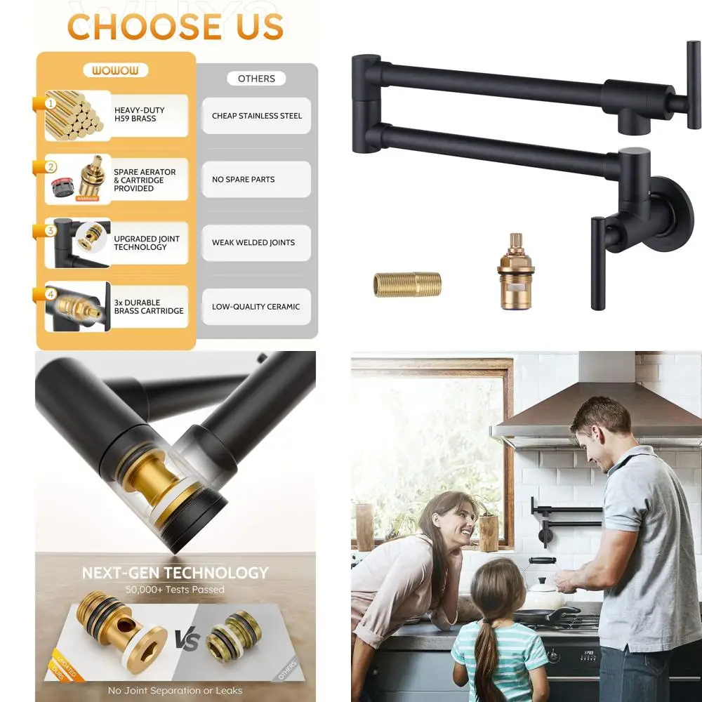 Матовый черный настенный смеситель для кухни с двойным шарниром и наполнителем для кастрюли из латуни