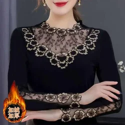 Blouse Women New Lace round Neck Fall Women's Clothing Mesh Long Sleeve Blusas Ropa De Mujer