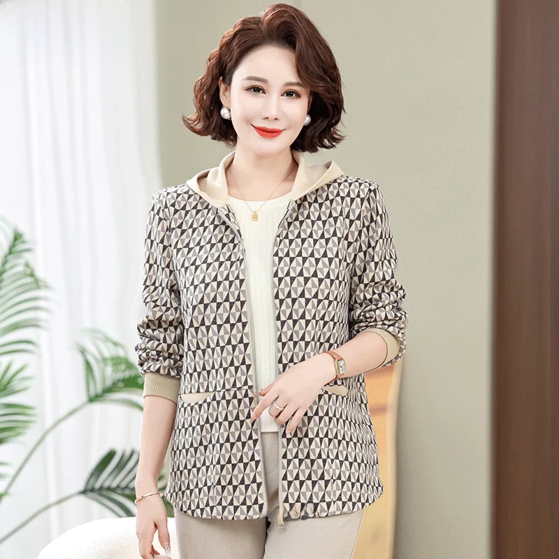 

Faionable Casual Hooded Jaet Women's Mid-aged And ly Spring Autumn Outerwear Ele Lady's Leisure Coat