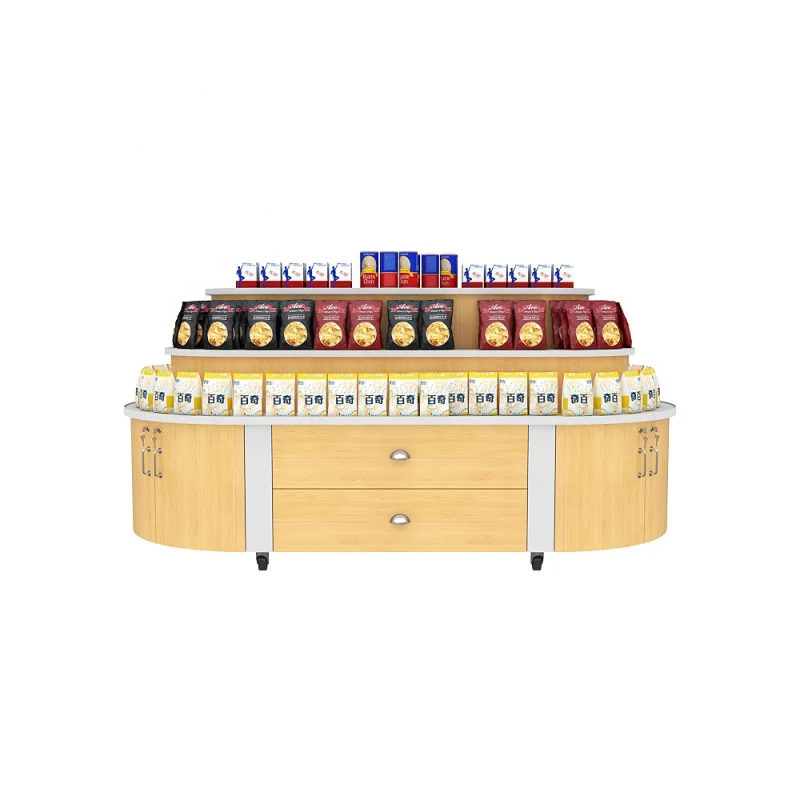 

custom.Custom convenience snack food store fixtures wooden 3 tiers counter display supermarket shelf with wheel