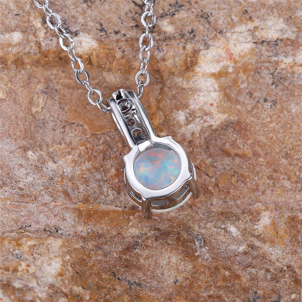 Female White Opal Stone Round Pendant Necklace Vintage Silver Color Wedding Jewelry For Women