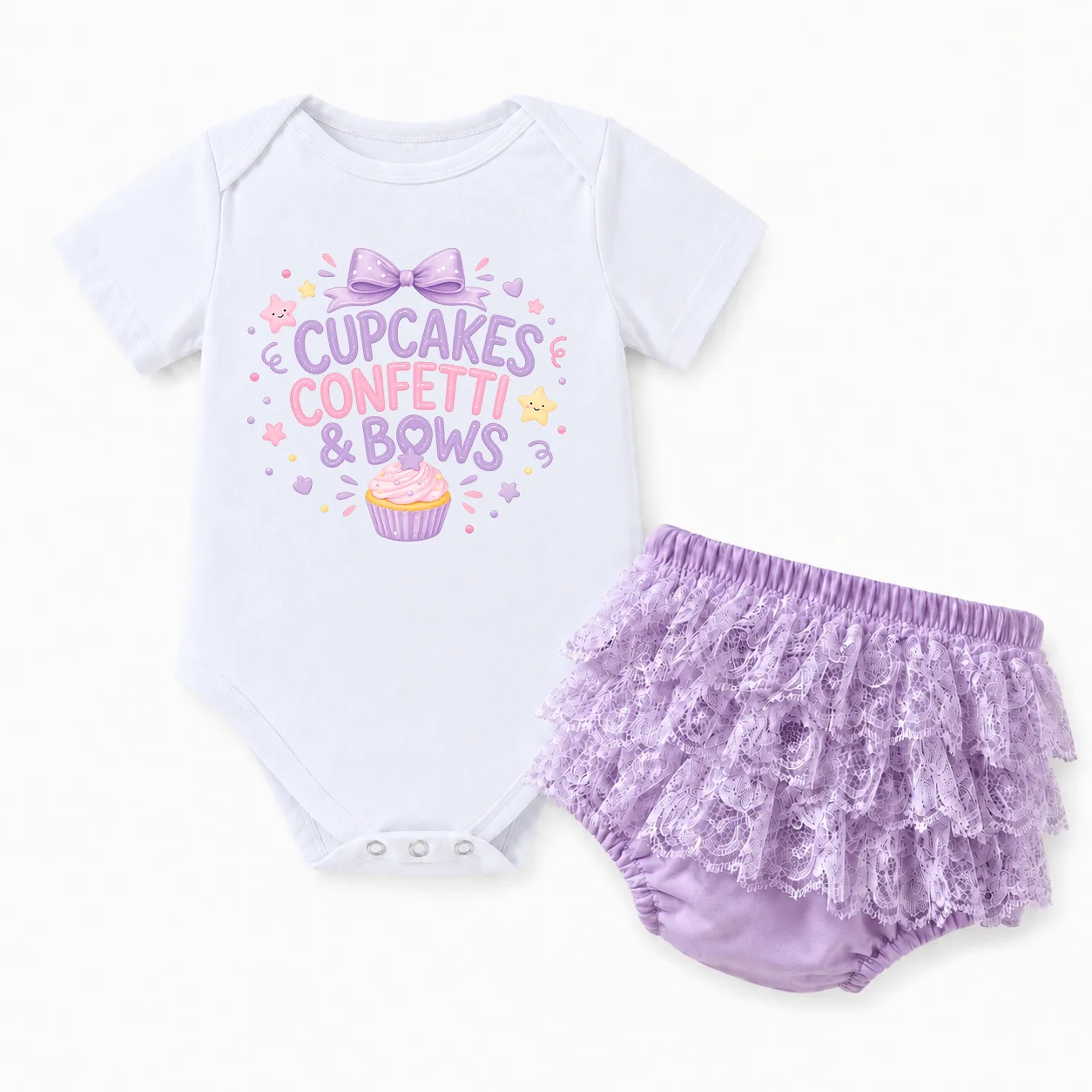 Toddler Baby Girl Outfit Cupcakes Confetti & Bows Print Short Sleeve Bodysuit Purple Lace Tutu Shorts 2Pcs Set Infant Birthday P