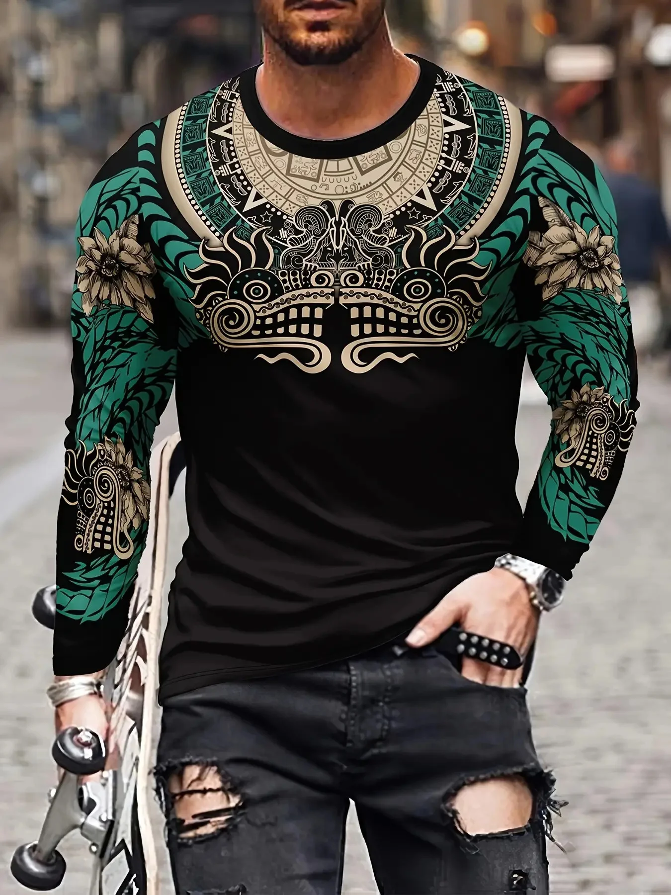 

Мужская футболка с длинным рукавом Explorer Series с загадочным узором Maya | Идеально подходит для повседневных прогулок весной/осенью.