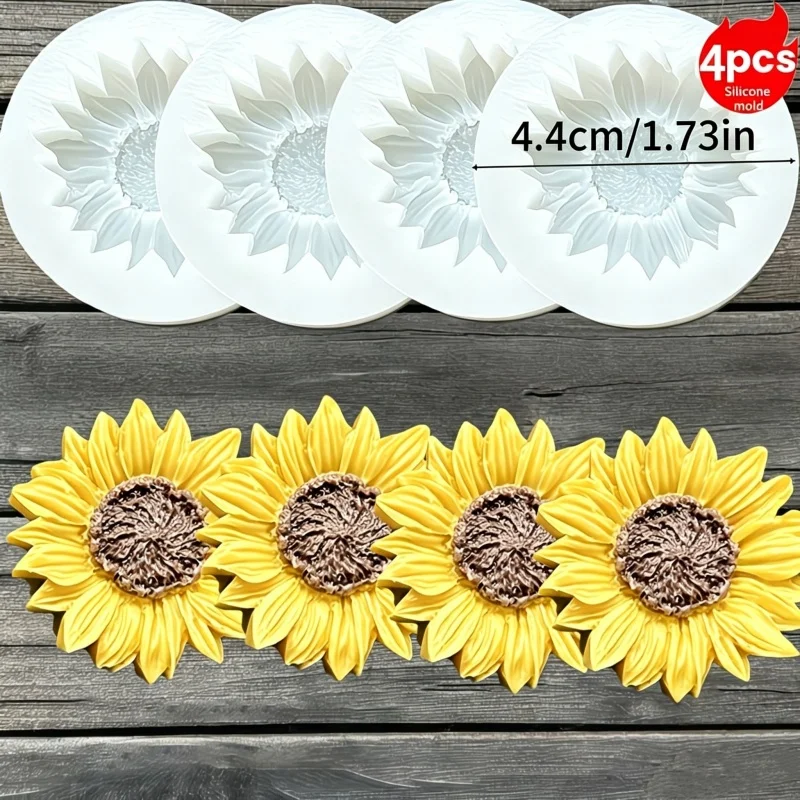 4er-Set Mini-Sonnenblumen-Formen für Aromatherapie-Kerzen, Harz, handgemachte Sonnenblumen-Gipsornamente, Seifen- und Kerzen-Gießformen – Detail 2