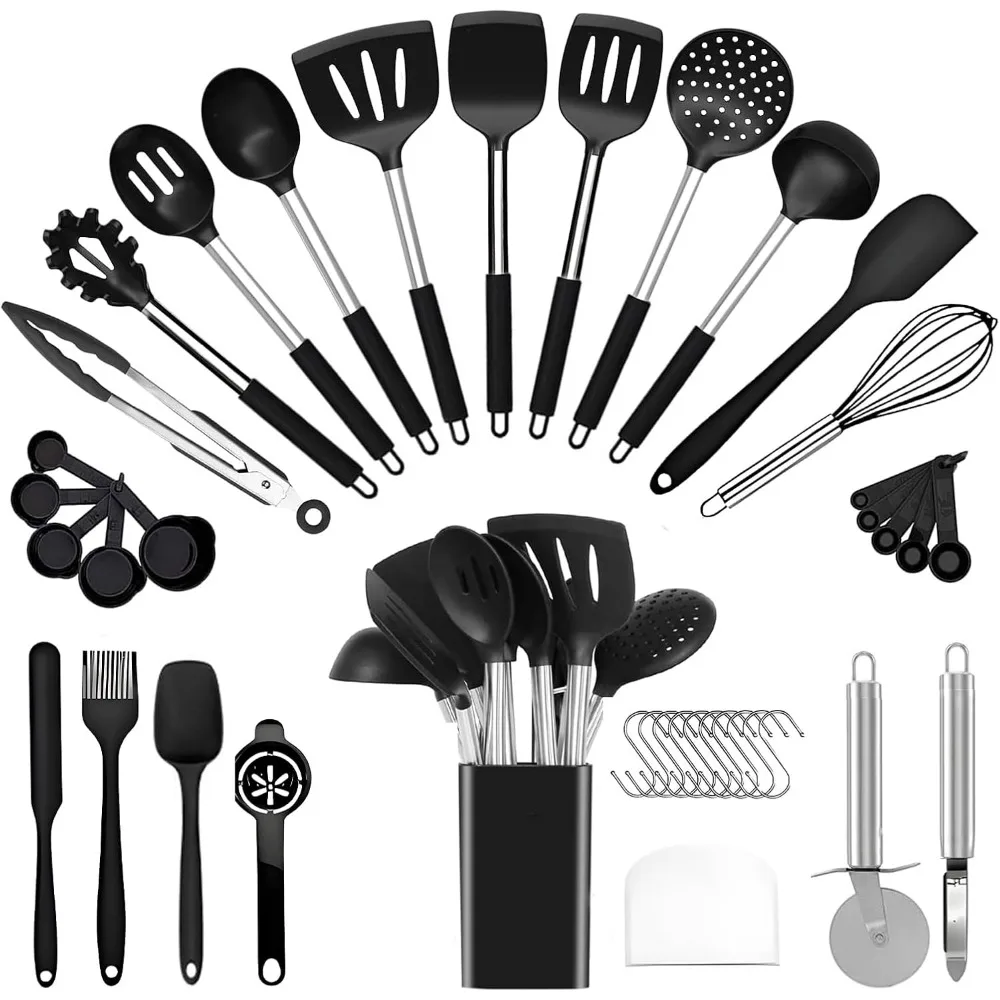 

kitchen utensils set silicone cooking, 40 pcs black stainless steel metal, spaghetti spoon cookware utensils, rubber tools nonst