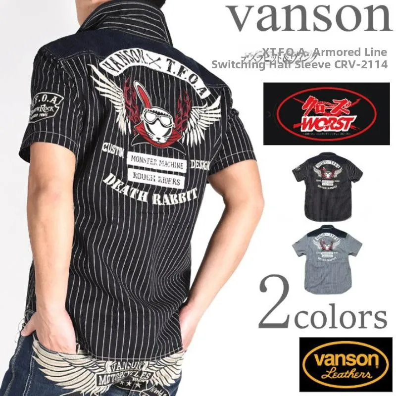 

Vason Motorcycle Knight Battle Line Collaboration Embroidered Indigo Blue Dye Cotton Workwear ort Sve irt