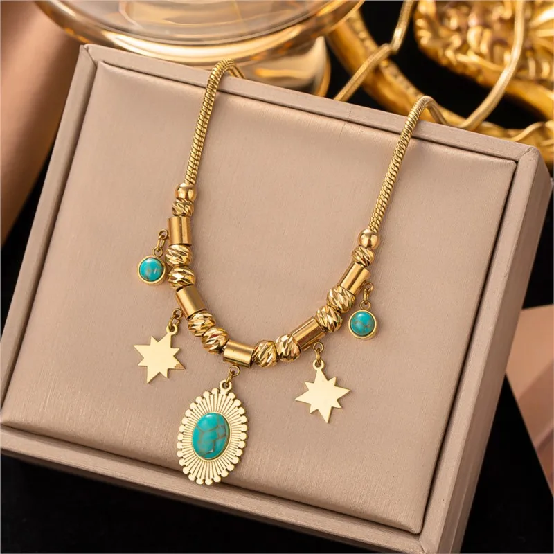 

ANENJERY 316L Stainless Steel Zircon Kallaite Round Star Pendant Necklace for Women Personality Jewelry Wholesale Gift