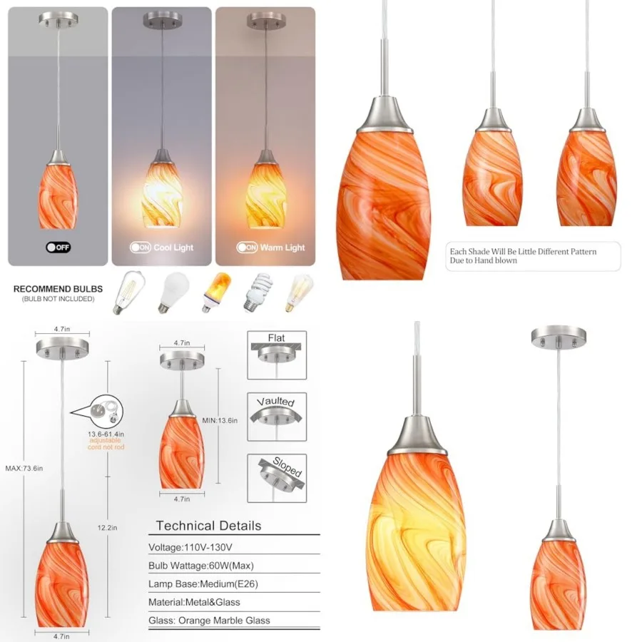 

Mini Glass Pendant Light 4.72" with Handblown Marble Art Glass Hanging Light Oval Ceiling Hanging Light Fixture for Dining Room