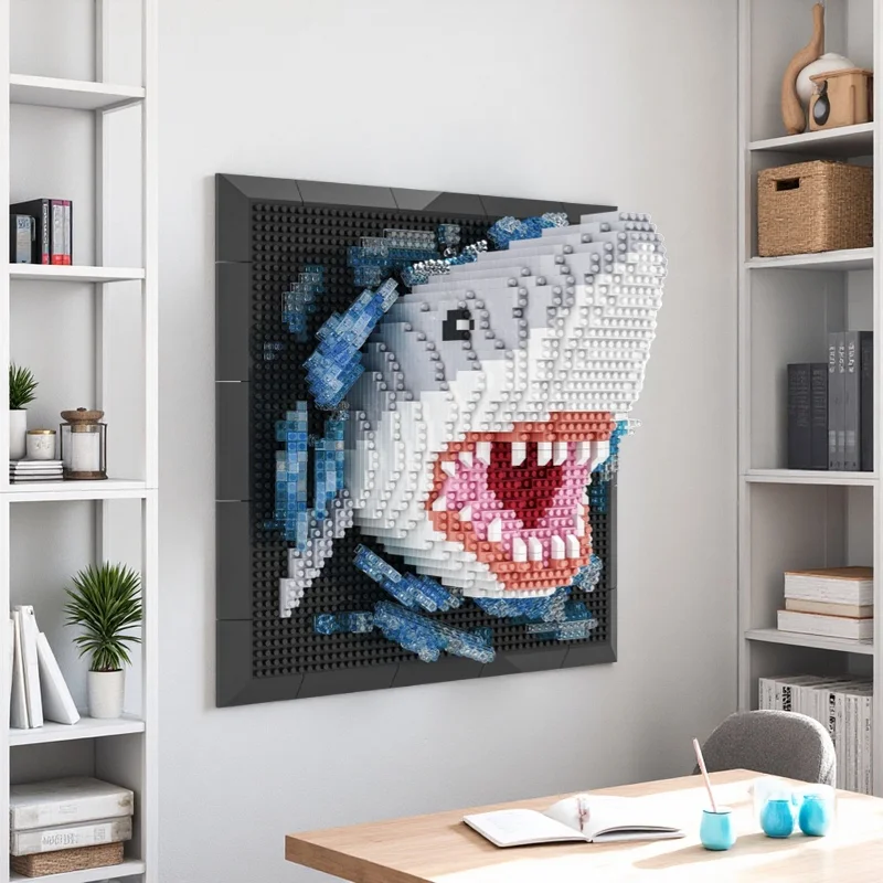 Haaienbouwsteenspeelgoed dat aan de muur worden gemonteerd of op een bureau, decor voor studeerkamer of woonkamer, vakantiecadeau
