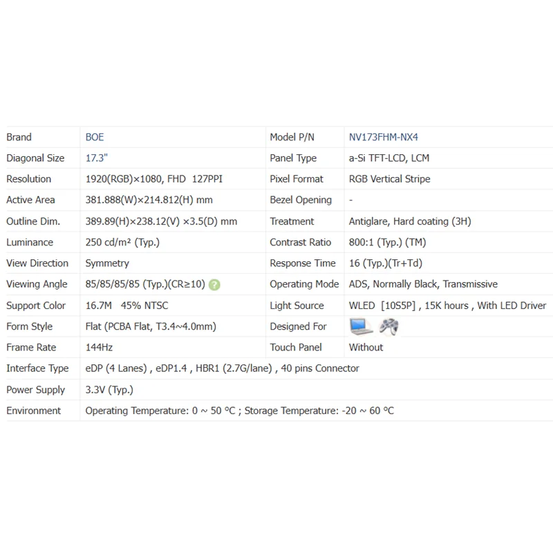 17.3 "NV173FHM-NX4 1920 (RVB) * 1080 eDP 40 broches 144Hz Écran D'ordinateur Portable