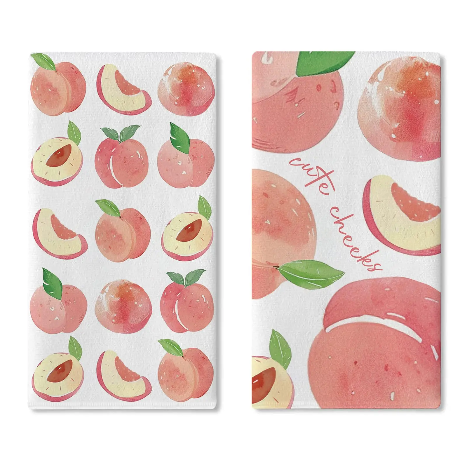 2 Pcs Pink Peach Towel Set | Flat Printing Watercolor Cute Blush Fruit Hand Towel & Baking Cloth, Girly Style Spring Summer