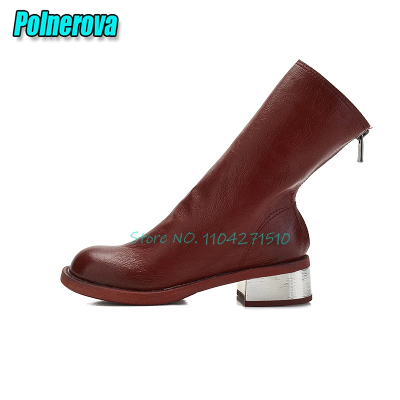 

Retro Women's Short Boots Autumn Winter Round Toe Front Zipper Mid-Calf Boots Fashion Metal Decor Thick Heel Western Boots