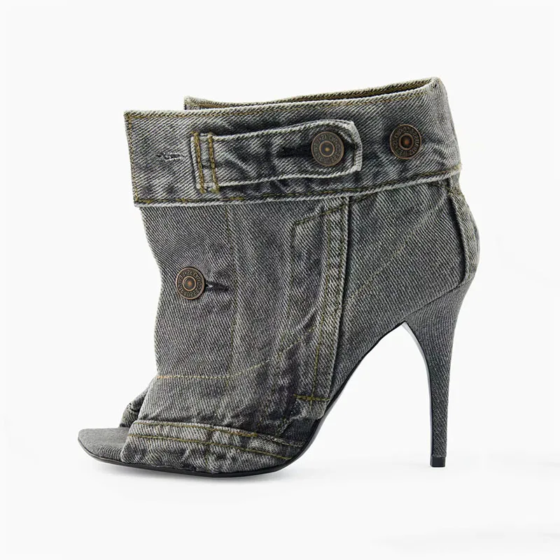 Arden Furtado Grey denim ankle boots peep toe Stiletto heels Summer jeans boots high heel large size dress shoes for women 43