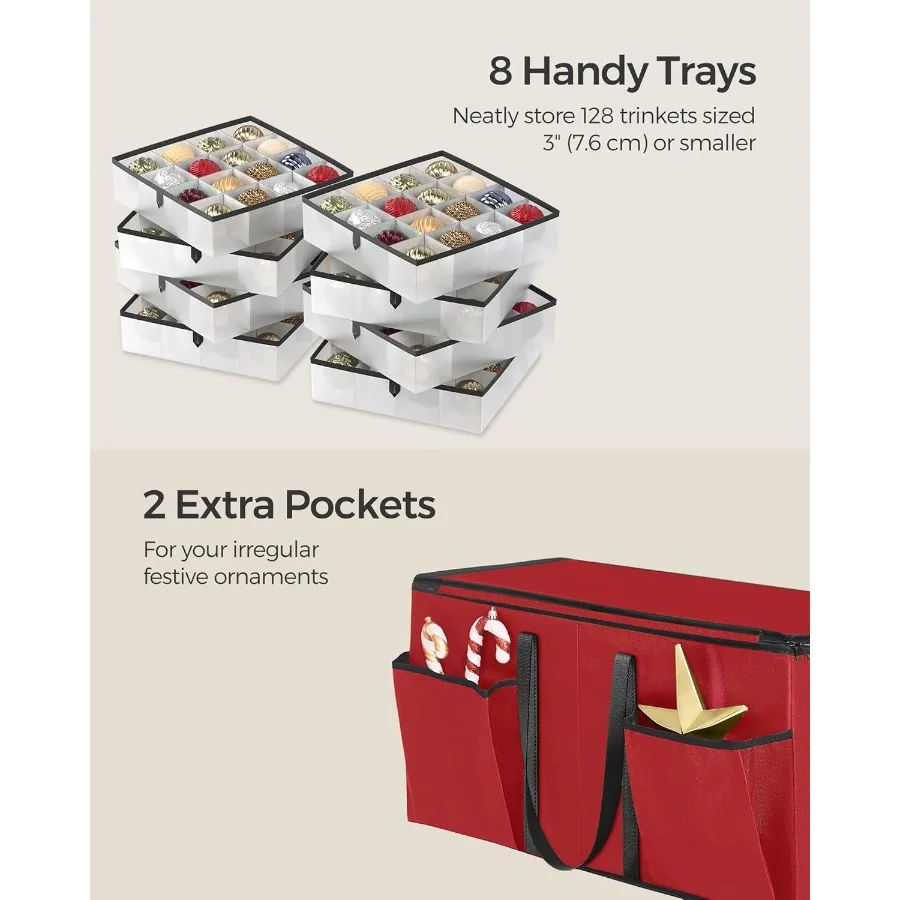صندوق تخزين كبير لزينة عيد الميلاد بسحابات مزدوجة حاوية تخزين عيد الميلاد قابلة للتكديس مع غطاء 8 صواني 600D أكسفورد 3 بوصة 128