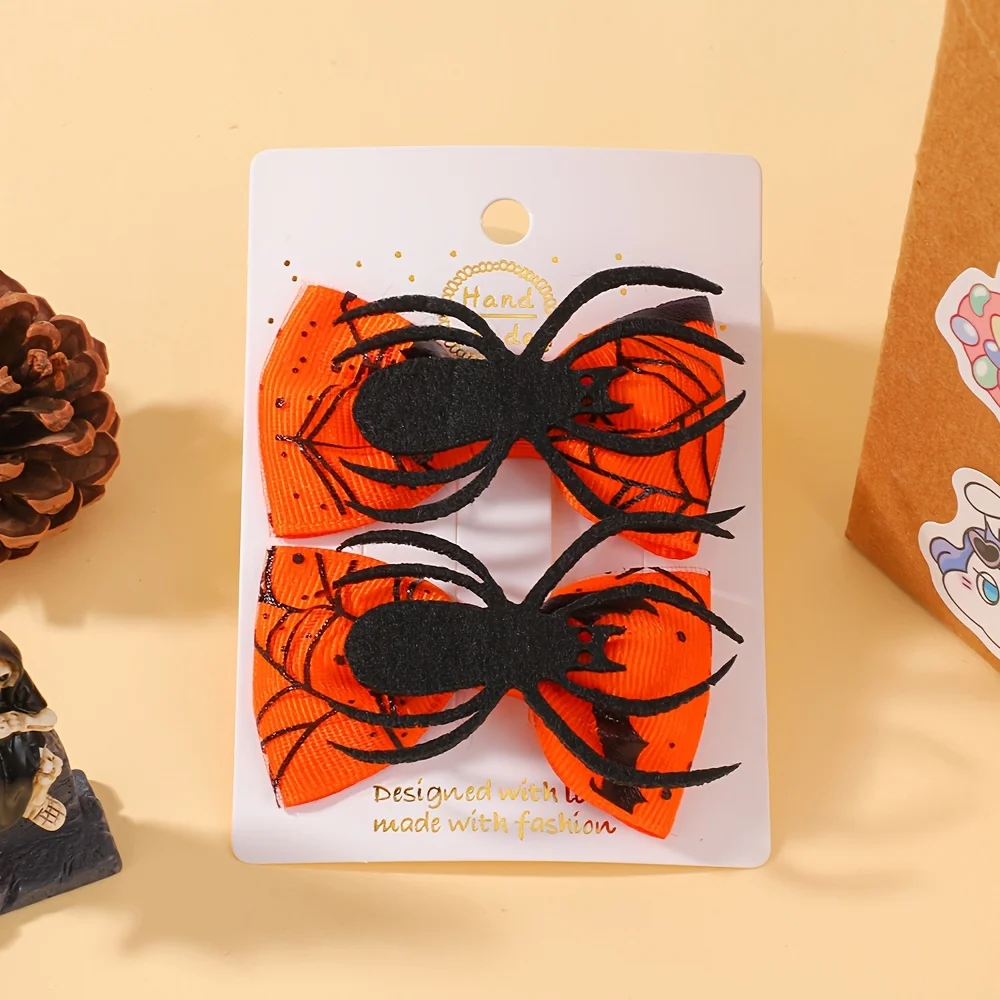2 Stücke Halloween Kinder Haarnadel Set Handgemachte Ripsband Bögen DIY Kürbis Spinne Dekoration Kopfbedeckung Haarschmuck für Mädchen