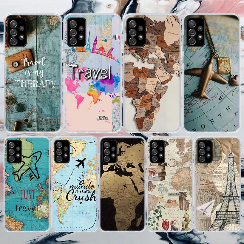 World Map Travel Plans Soft Phone Case For Samsung Galaxy A14 A13 A12 A15 A54 A53 A52 A55 A34 A33 A32 A35 A24 A23 A22 A25 A04S A