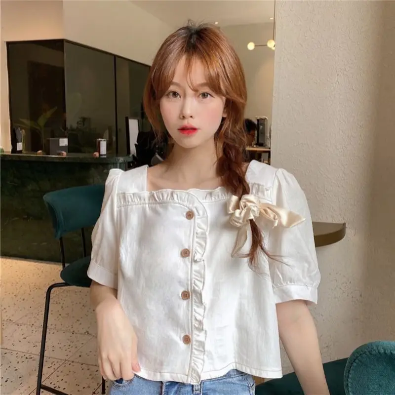 New Woman Summer Short Sleeve Shirt 2024 Girls Sweet Square Collar Laciness Blouse Female Elegant Short Sleeves Shirt Short Tops