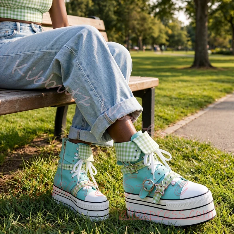 Women Canvas Platform Ankle Boots White Lace Up Star Charm Checkered Cuff High Sole Round Toe Length Zipper Back Punk Footwear