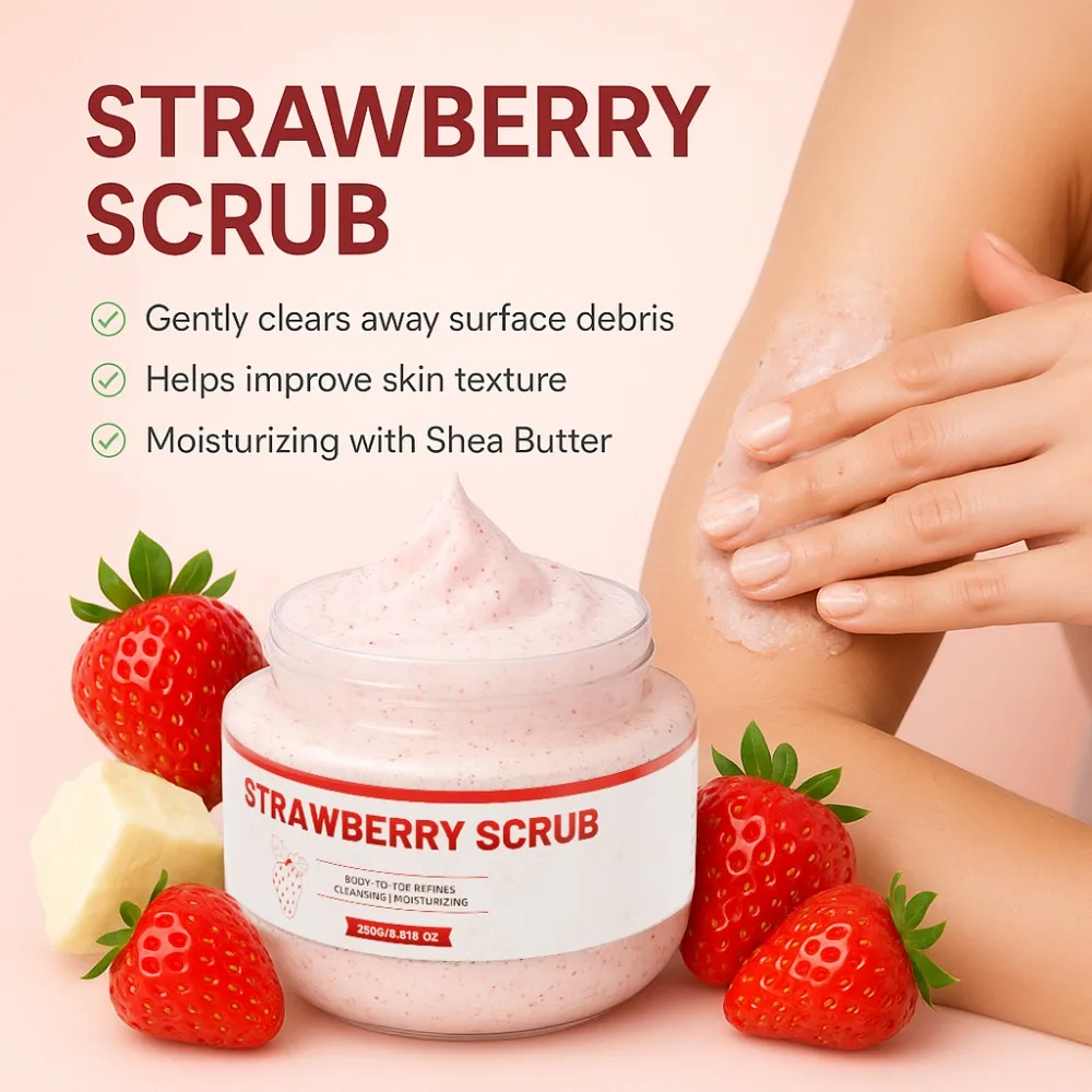Exfoliante de fresa, limpieza profunda para mejorar la calidad de la piel, exfolia la piel con extracto de planta, cuidado corporal y de los pies para adultos, 8,8 oz