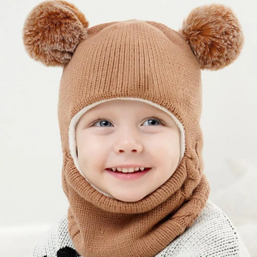 

Bear Design Winter Hat with Scarf for Toddlers 1-4Y Knitted Ear Coverage Cap Hand Washable