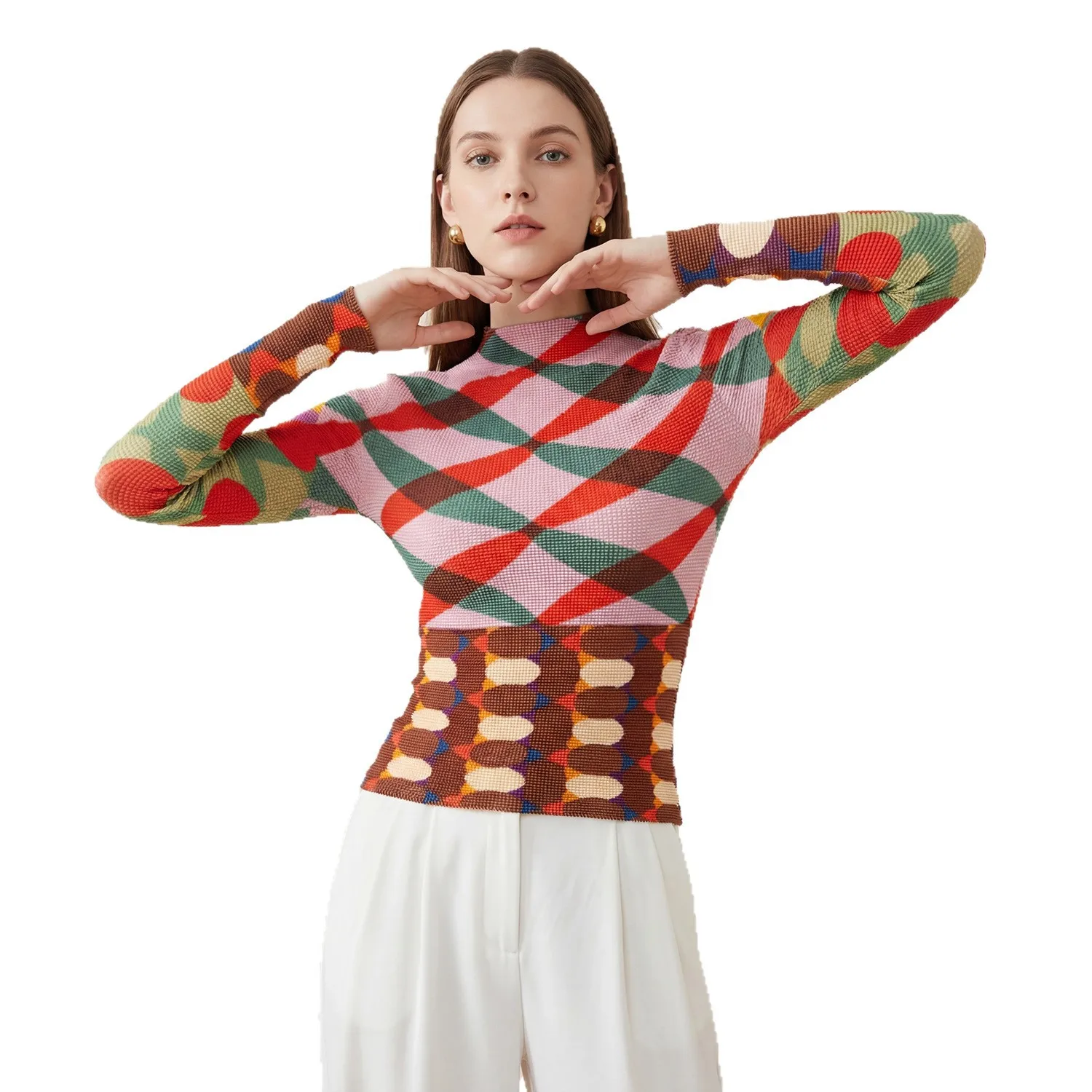 미야케 플리츠 패션 여성용 2026 템퍼먼트 레트로 프레스드 플리츠 스프링 스트레치 얇은 이지 케어 프린트 풀오버 탑