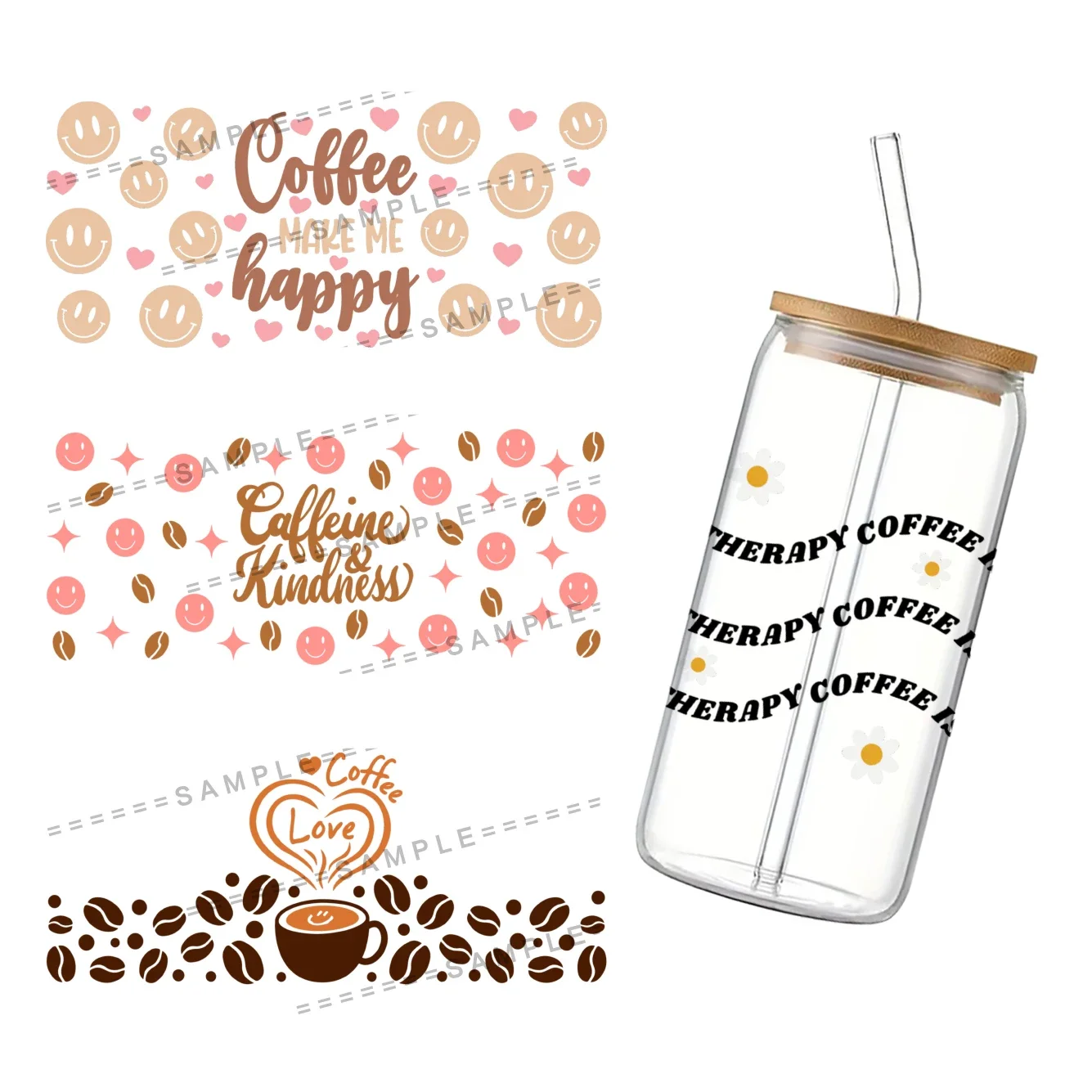 Coffee Pattern UV DTF Cup Wrap for 16Oz Libbey I Need Coffee Glass Can DIY Transfer Sticker