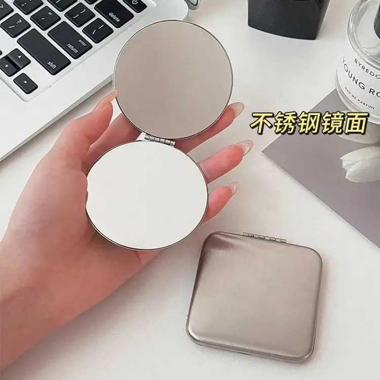 Ins Simple Sliver Stainless Steel Makeup Mirror Handheld Pocket Folding Double Side Mirror Cosmetics Make Up Mirror Small Mirror