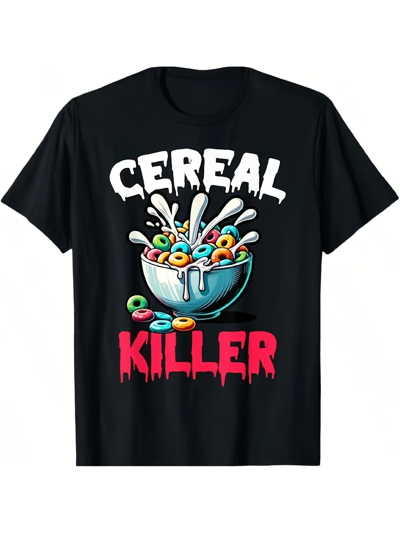 Men's Fun Cereal Killer Print T-Shirt - Black Short-Sleeve Casual Shirt with Cereal Bowl Murder Scene Graphic, Suitable for Conventions and Everyday Wear, Plus Size